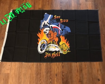 Vintage Chopper Motorcycle Flag See You In Hell Grim Reaper