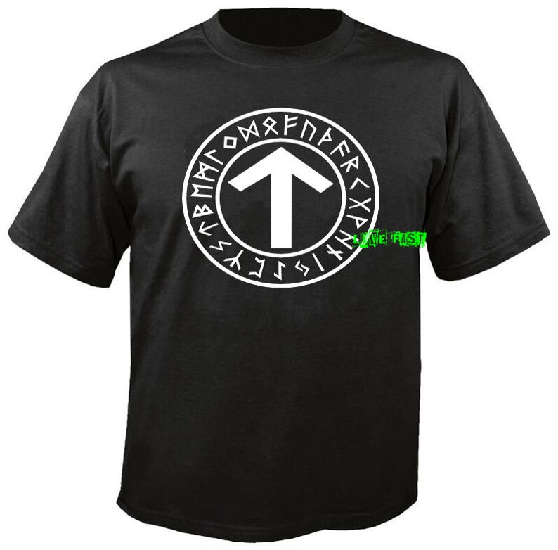 May include: Black t-shirt with a white circle containing a white upward pointing arrow and a circle of white runes around the arrow. The runes are in a circular pattern around the arrow.