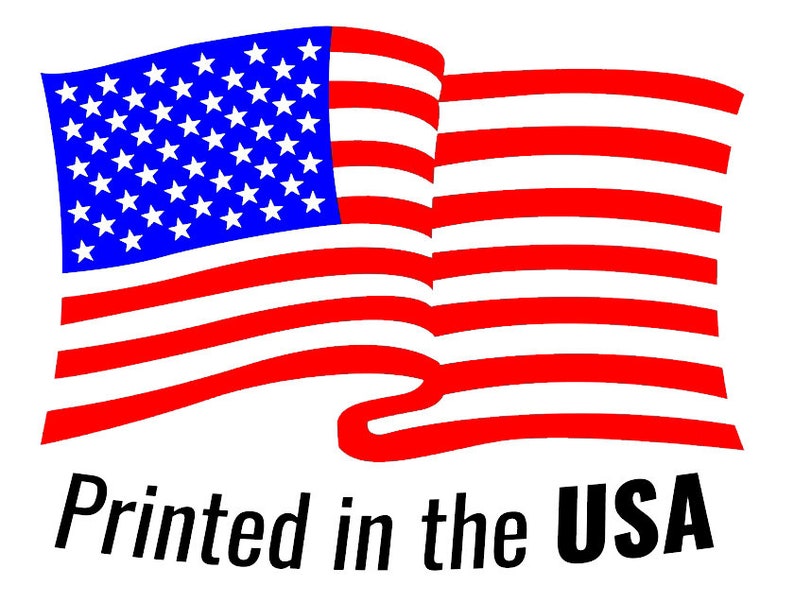 May include: A red, white and blue American flag waving in the wind. The flag is printed with the text "Printed in the USA".
