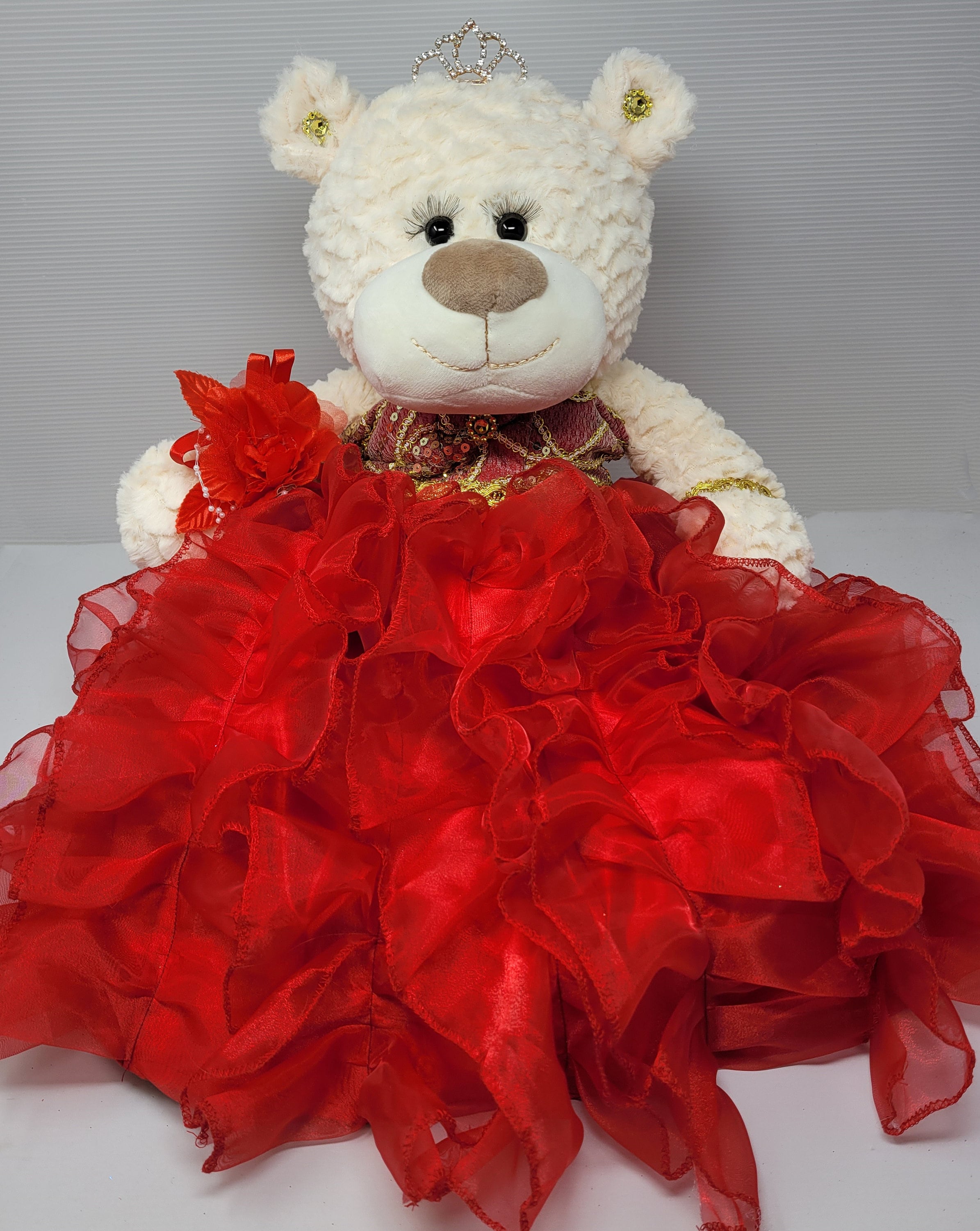 Quinceañera Last Doll Teddy Bear Centerpiece - 20 Inch Dressed Bear With Gown, Tiara & Bouquet, Rose Gold - View #13