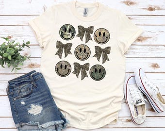 Camo Smiley Face Bow T-Shirt: Gildan or Comfort Colors