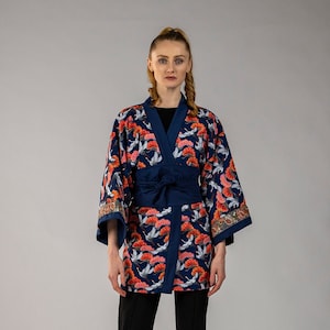 Frenchy, Chic, Kimono Jacke, elegant, blau, orange, Sommer, Geschenke für sie, Einheitsgröße, handgefertigt, japanisches Design