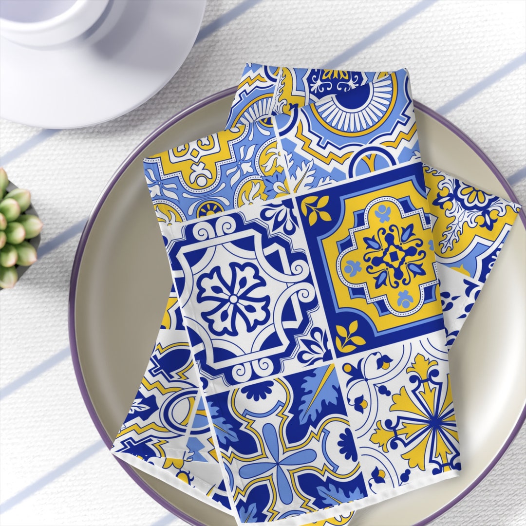Portuguese Tile Napkins Blue Yellow and White Cloth Fabric Etsy