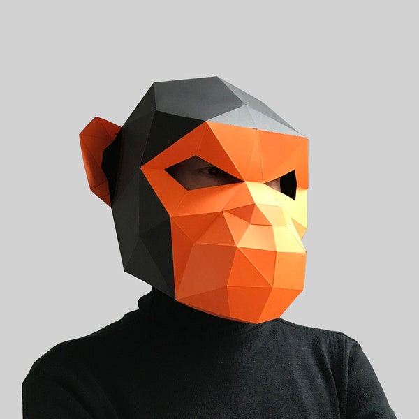 Modèle de masque de singe chimpanzé - masque en papier, masque papercraft, masques, masque 3d, masque low poly, masque en papier 3d, modèle de masque en papier animal