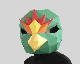 Plantilla de máscara de pájaro verde: máscara de papel, máscara de papel, máscaras, máscara 3d, máscara de baja poli, máscara de papel 3d, plantilla de máscara de papel, máscara de animal