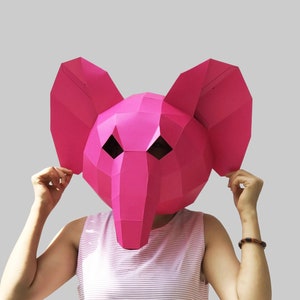 Pink elephant mask template PDF - paper mask, papercraft mask, 3d mask, low poly mask, 3d paper mask, paper mask template, animal mask