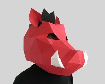 Rote Schweinemaske digitales PDF - Low Poly Papercraft Tiermaskenvorlage