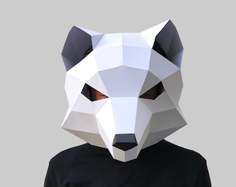 White Fox mask digital PDF - Low Poly Papercraft Animal Mask Template