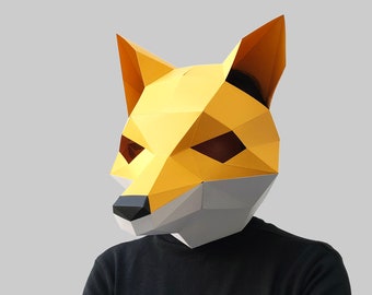 PDF numérique de masque de renard doré - Modèle de masque d'animal en papercraft Low Poly