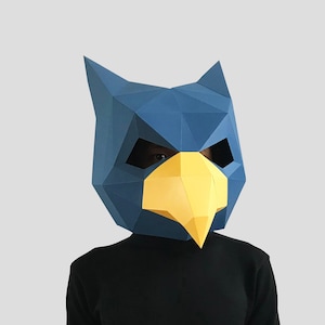 Blue bird mask template PDF - paper mask, papercraft mask, masks, 3d mask, low poly mask, 3d paper mask, paper mask template, animal mask