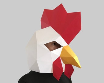 Rooster Mask Template digital PDF - Low Poly Papercraft Animal Mask