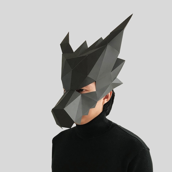 Black dragon half mask template - paper mask, papercraft mask, 3d mask, low poly mask, 3d paper mask, masks, paper mask template