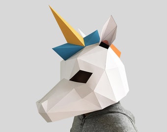 Plantilla de máscara de unicornio: máscara de papel, máscara de papercraft, máscaras, máscara 3d, máscara de baja poli, máscara de papel 3d, plantilla de máscara de papel, máscara de animal