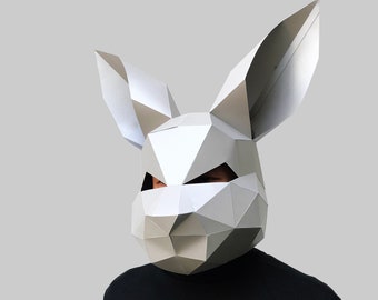 Grey rabbit mask template - paper mask, papercraft mask, masks, 3d mask, low poly mask, 3d paper mask, paper mask template, animal mask