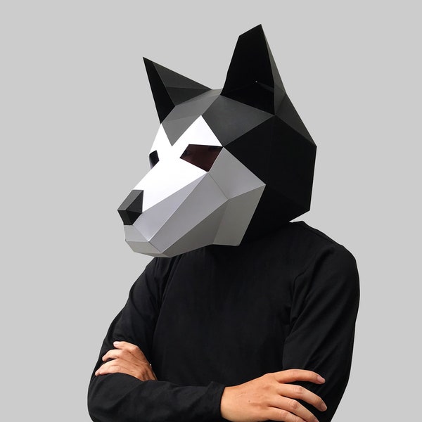 Husky Hund Maske Vorlage - Papiermaske, Papercraft Maske, Masken, 3D Maske, Low Poly Maske, 3D Papiermaske, Papiermaske Vorlage, Tiermaske