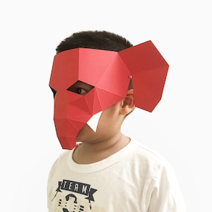 Red elephant mask template PDF - paper mask, papercraft mask, masks, 3d mask, low poly mask, 3d paper mask, paper mask template, animal mask