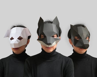 Combo #42 Hund Fuchs Wolf Maskenschablone - Papiermaske, Papiermaske, Low Poly 3d Papiermaske, Papiermaskenschablone, Tiermaske Halloween