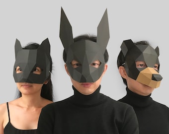 Combo #40 rabbit bear cat mask template - paper mask, papercraft mask, low poly 3d paper mask, paper mask template, animal mask halloween