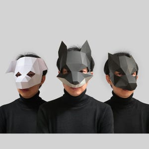 Modello maschera cane volpe lupo Combo #42 - maschera di carta, maschera di carta artigianale, maschera di carta 3D low poly, modello maschera di carta, maschera di animale Halloween