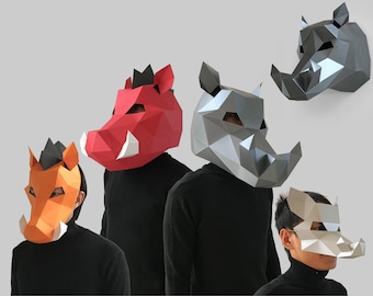 COMBO #28 Schwein & Warzenschwein Masken Vorlage digitales PDF - Low Poly Papercraft Tiermaske