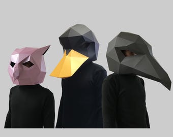 COMBO #12 Crow, Duck, Owl mask digital PDF - Low Poly Papercraft Animal Mask Template