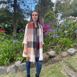 Luxurious Patchwork Alpaca Wool Scarf With Fringe | Cozy Alpaca Fiber Fashion Accessories | Large Boho Chic Scarves | Oversized Tartan Scarf