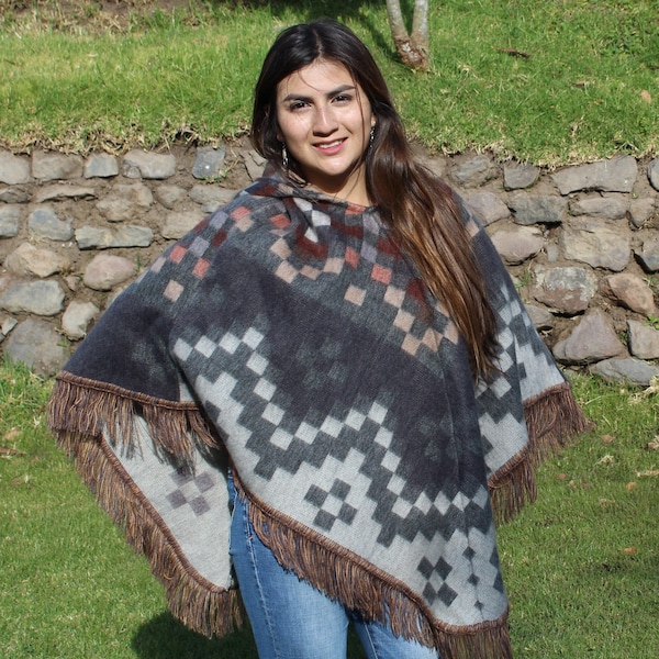 Tribal Print Pattern Fringe Poncho | Warm Fashion Women | Stylish Women's Poncho Hooded Poncho | Cozy Alpaca Clothing