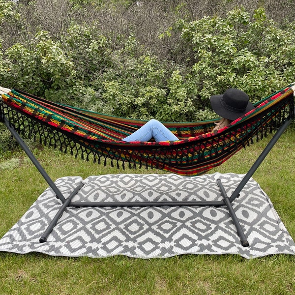 Hippie Rasta Outdoor Hammock | Summer Backyard Home Gift | Comfy Tree Stand Hammock | Festival Gear Accessories | Bohemian Decor