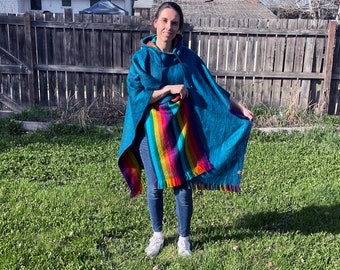 Boho Rainbow Reversible Soft Alpaca Poncho | Hooded Pullover Poncho Festival Fashion | Warm Alpaca Poncho | Andean Alpaca Wear