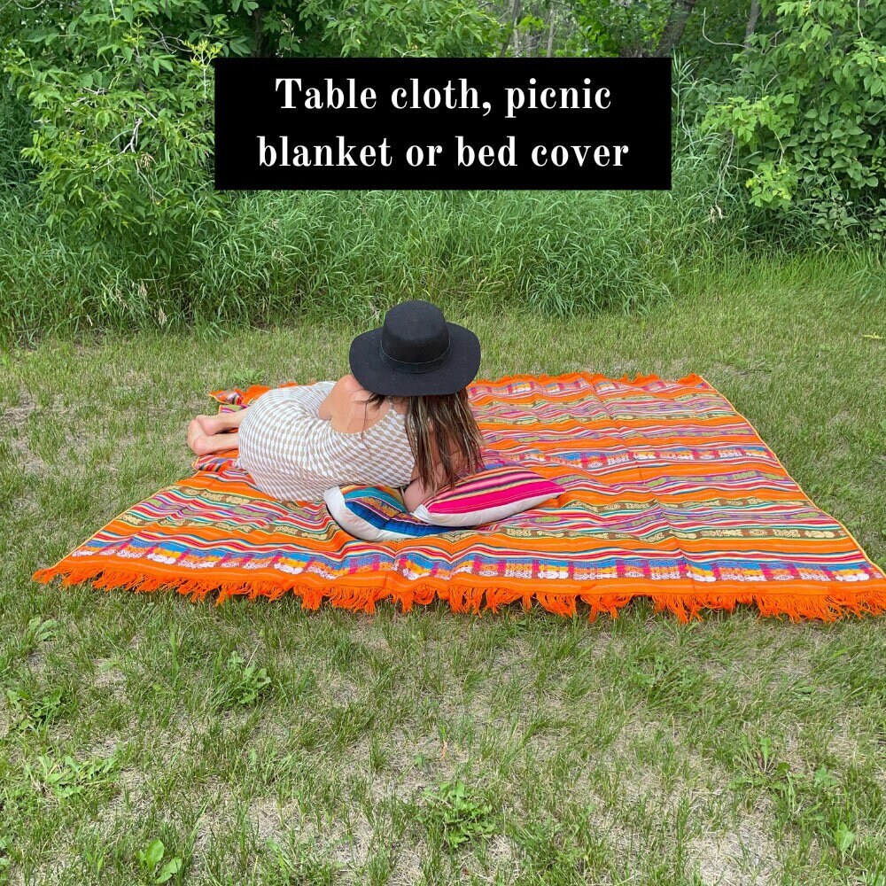 Colorful Tribal Picnic Beach Blanket | Fringe Boho Table Cover | Large Rectangle Tablecloth | Rustic Decorative Bed Cover