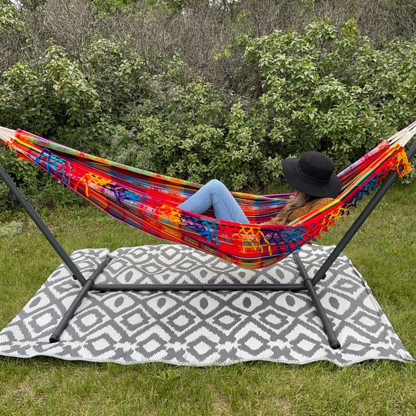 Unique Bohemian Fringe Hammock For Tree Or Stand | Relaxing Zen Backyard Patio Porch Furniture | Summer Housewarming Gift