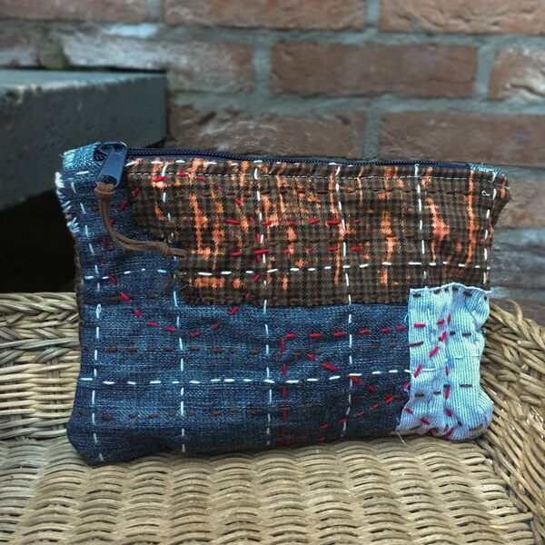 Handmade boro zipper pouch sashiko patchwork clutch travel bag cosmetic bag denim japan boro textiles