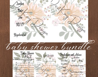 Digitale oder druckbare Blumen-Babyparty-Einladung und Spiele