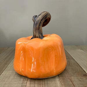 May include: A glossy orange ceramic pumpkin sculpture featuring a textured, dark brown, curved stem. The pumpkin has a smooth, reflective surface with subtle vertical indentations around its rounded, squat body shape.