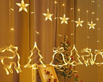 Weihnachtliche Led Vorhang Lichterkette mit Christma Hirsch Ring Glöckchen-3,5m*1m Feen Led Lichter hängende Wand Deko für Weihnachtszimmer Deko
