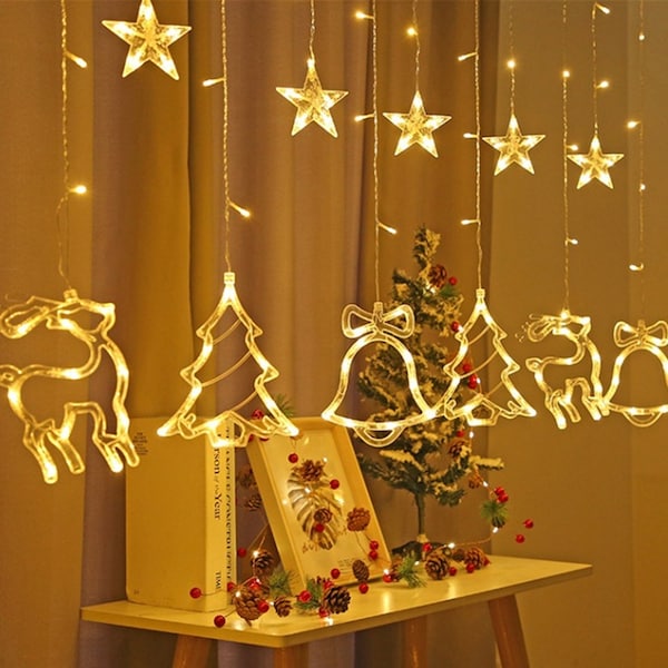 Lumières de cordon de rideau led de Noël avec bague de cerf de Noël Bell-3.5m * 1m Fairy Led Lights décor mural suspendu pour le décor de la chambre de Noël