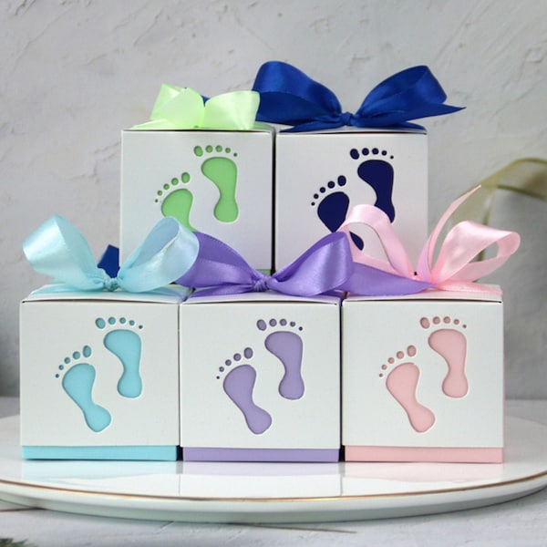 Baby shower favor boxes-footprint party favor boxes-baby girl baby boy candy boxes-baby shower gift boxes for 1st birthday party decorations