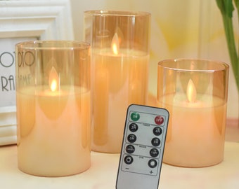 Flameless Led Candles in Amber Glass with Remote Control-Diameter 3" battery operated flickering candles-Real wax pillars glass Led Candles