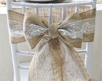 Burlap wedding chair sash with lace-6"*95" burlap wedding chair decorations-Burlap bow chair cover-Hessian chair sash for wedding party