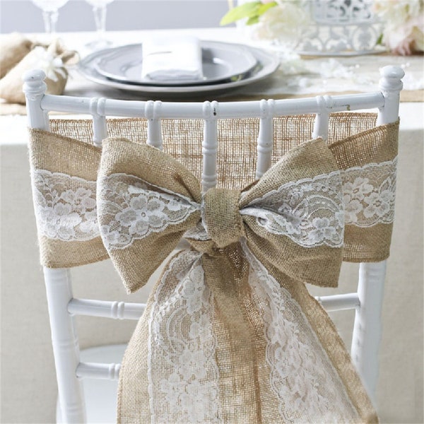Burlap wedding chair sash with lace-6"*95" burlap wedding chair decorations-Burlap bow chair cover-Hessian chair sash for wedding party