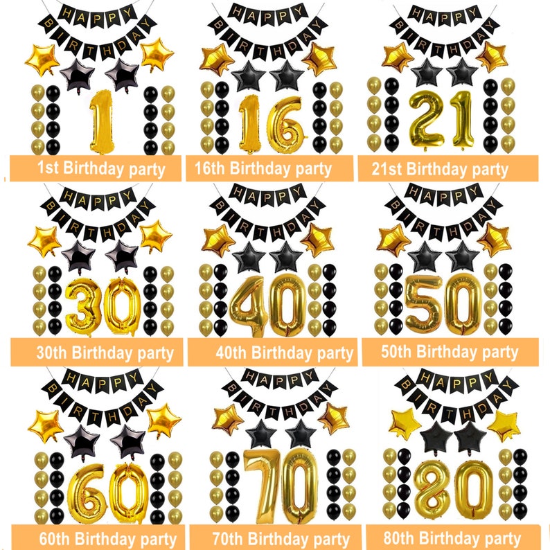 26pcs Black gold party balloon sets,black gold happy birthday banner for 1st 21th 30th 40th 50th 60th 70th 80th birthday balloon decoration