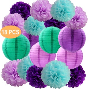 18PCS Teal & Purple party decoration for women-Tissue paper pom poms and paper lantern- girl birthday party supplies-photobooth backdrops