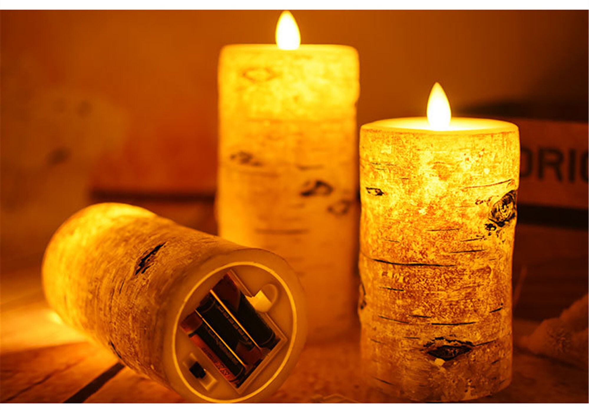 Set of 3 Birch Bark Flameless Pillar Candle With Diameter Etsy