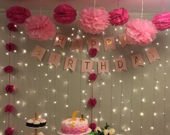 tissue paper pom poms  with Curtain string lights/Pink gold Happy birthday banner set for party decorations hanging tissue paper flowers