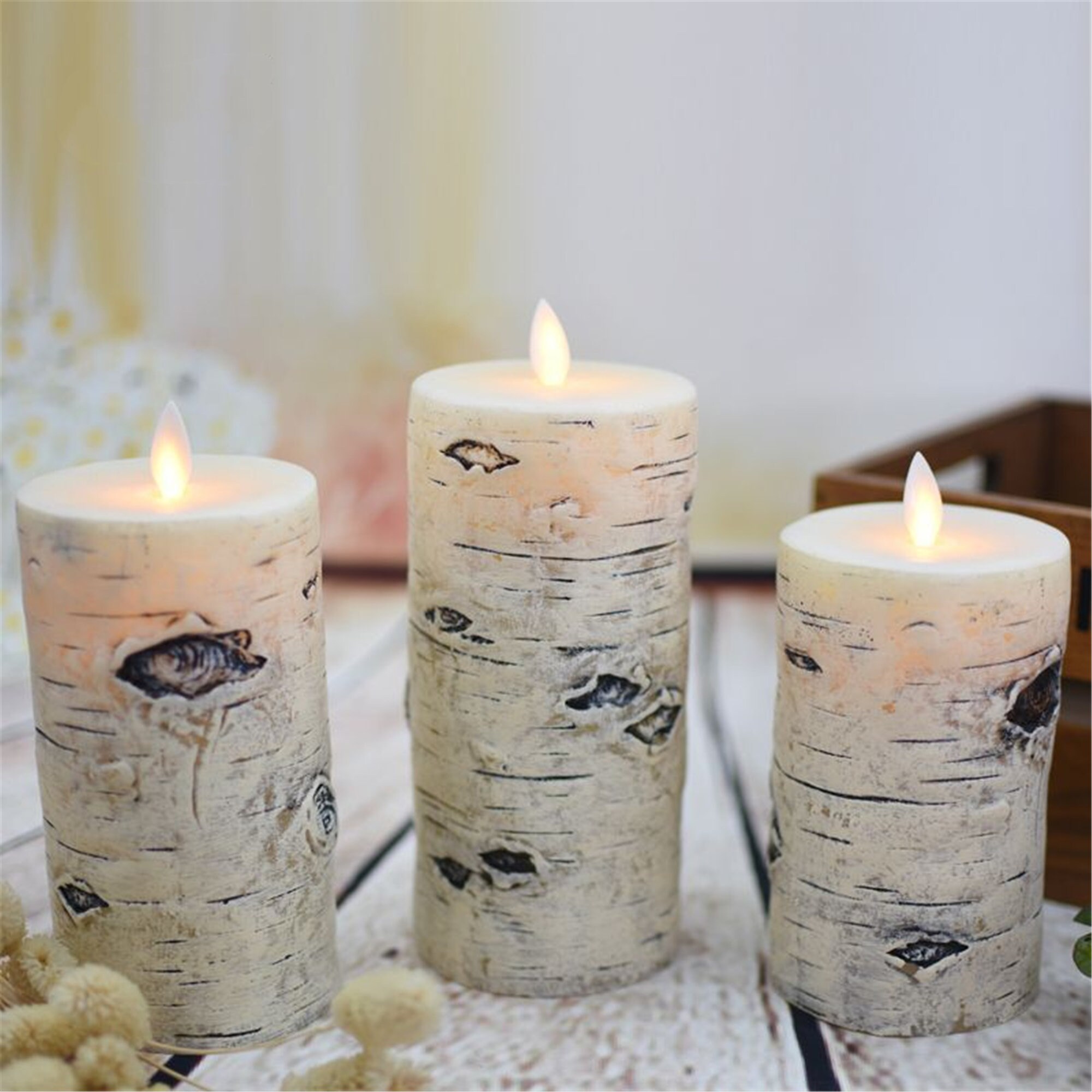 Set of 3 Birch Bark Flameless Pillar Candle With Diameter Etsy