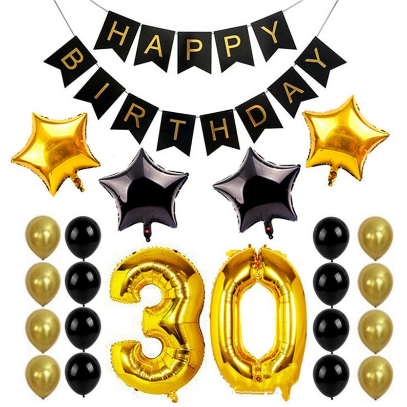 26pcs Black gold party balloon sets,black gold happy birthday banner for 1st 21th 30th 40th 50th 60th 70th 80th birthday balloon decoration