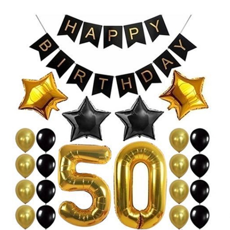 26pcs Black gold party balloon sets,black gold happy birthday banner for 1st 21th 30th 40th 50th 60th 70th 80th birthday balloon decoration