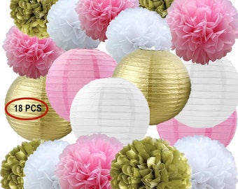 18PCS Pink Gold White tissue paper pom pom with party paper lantern for the party decorations, DIY party pom pom,sky lantern for baby shower