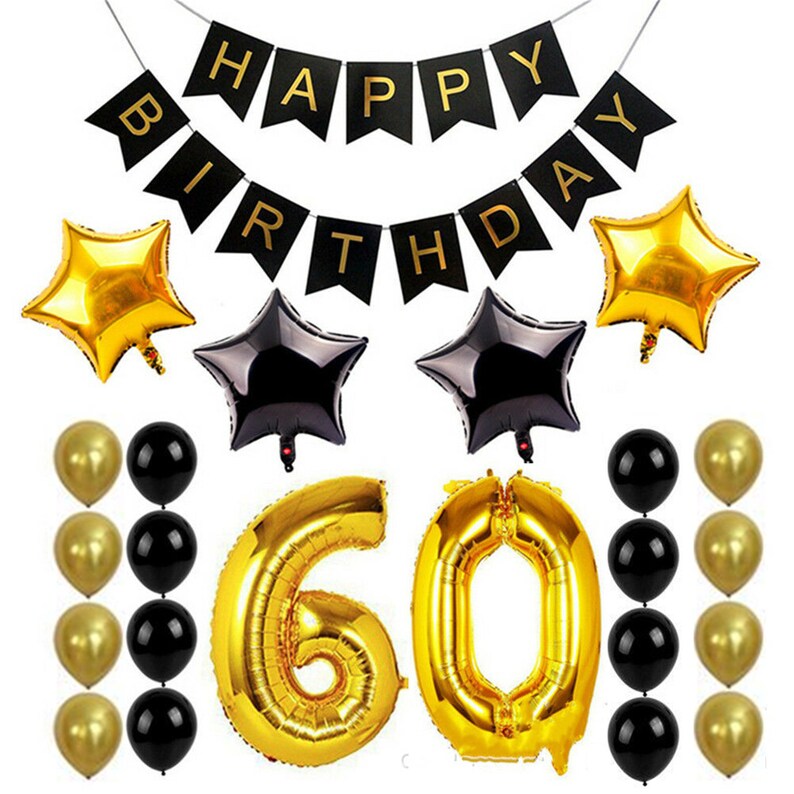 26pcs Black gold party balloon sets,black gold happy birthday banner for 1st 21th 30th 40th 50th 60th 70th 80th birthday balloon decoration
