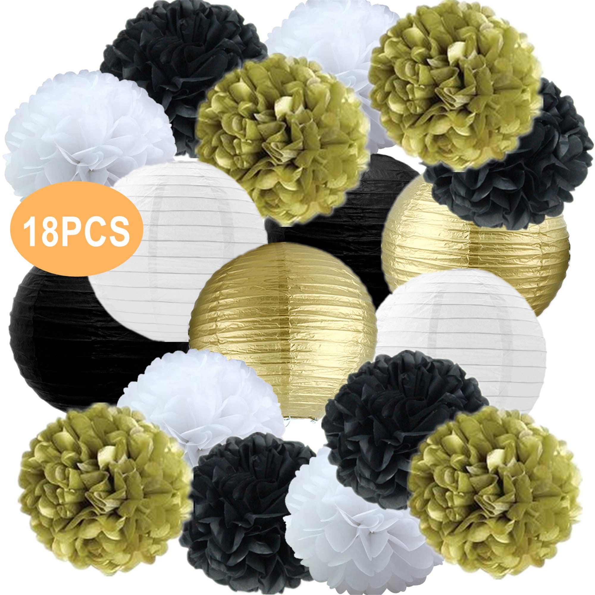 18PCS Black Gold Tissue Paper Pom Pom,black Gold Paper Lantern,black Gold  Party Supply Decorations for the Bridal Baby Shower,birthday Party 